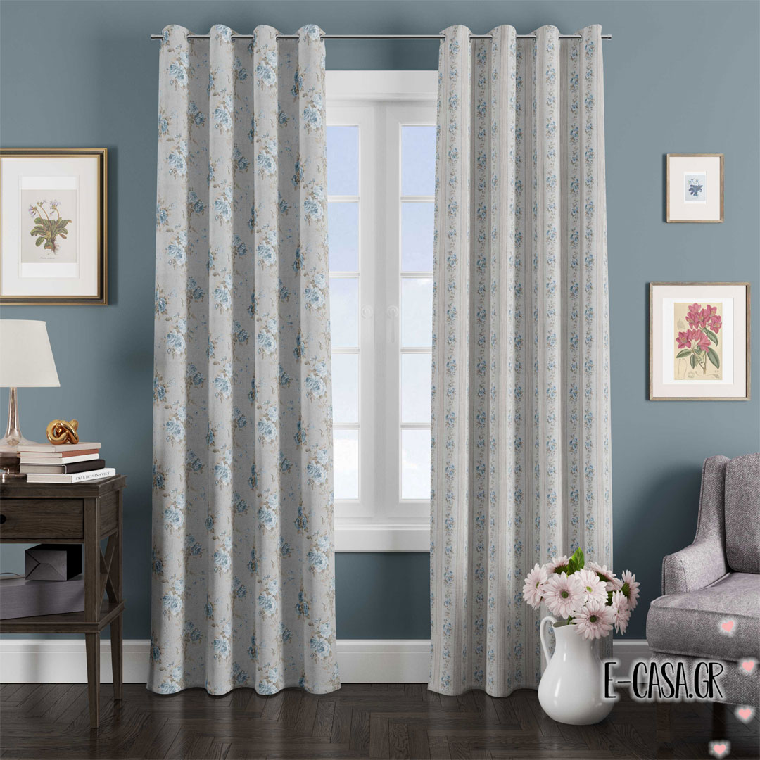 Έτοιμες Κουρτίνες Σειρά Country Striped Floral – grey – blue